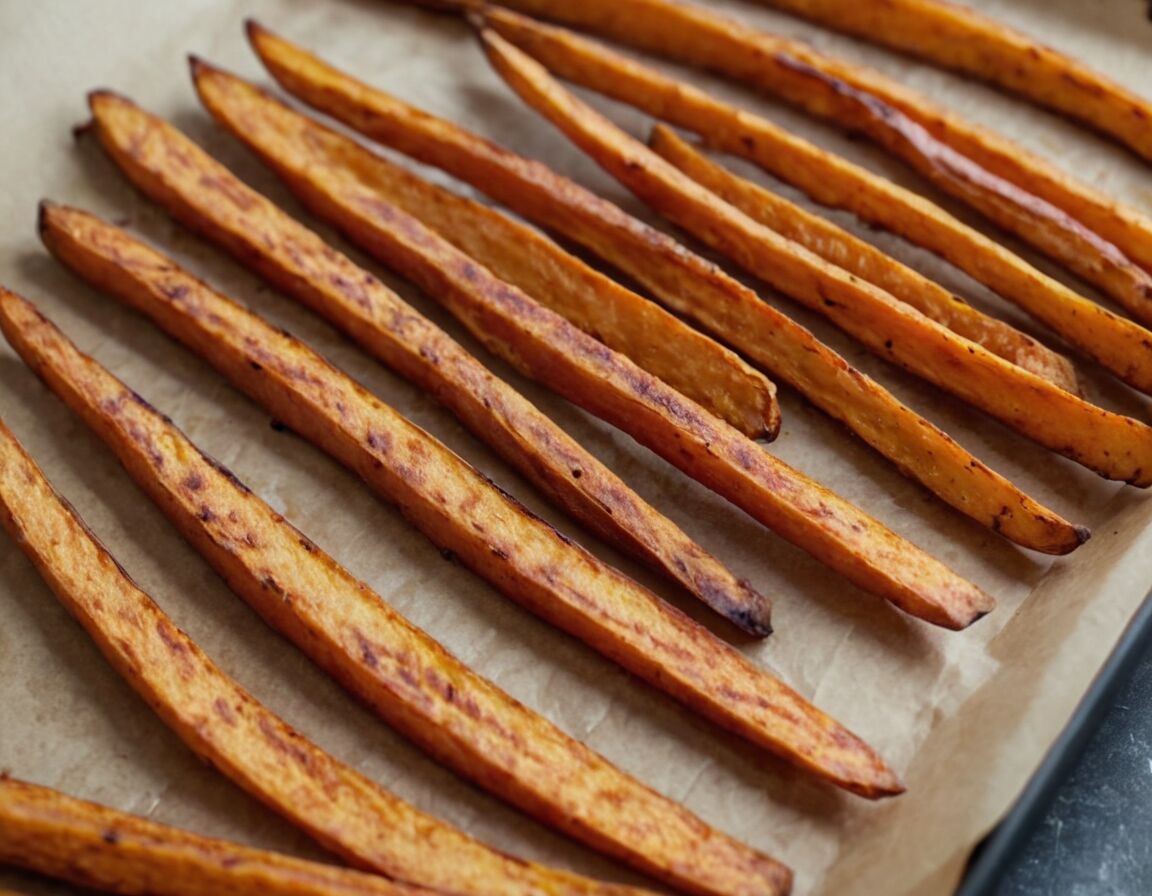 Ofen auf 220°C vorheizen, Backblech mit Backpapier auslegen - Süßkartoffel Pommes selber machen: Ein einfaches Rezept für knusprigen Genuss