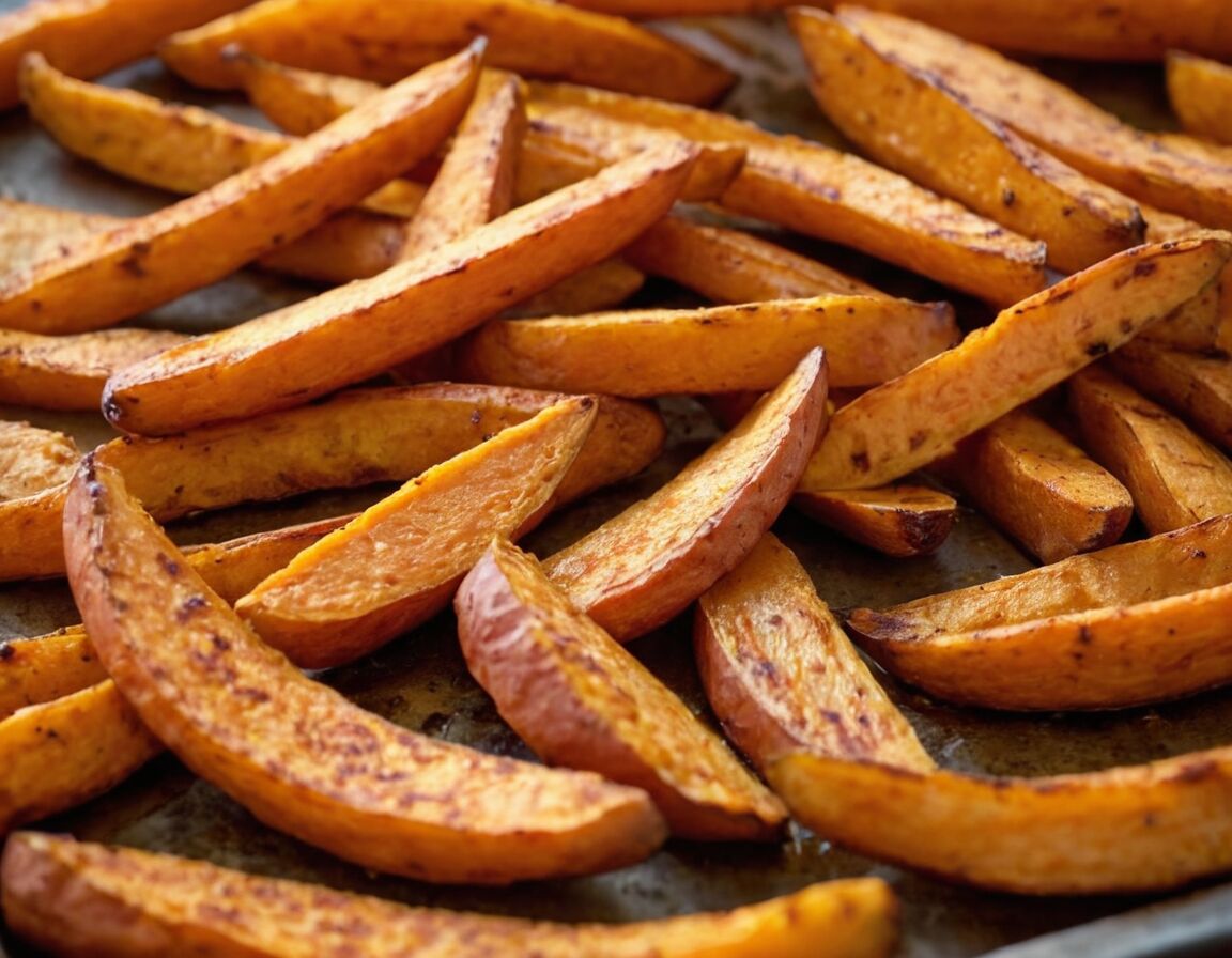 Kartoffelstifte gleichmäßig auf dem Blech verteilen - Süßkartoffel Pommes selber machen: Ein einfaches Rezept für knusprigen Genuss