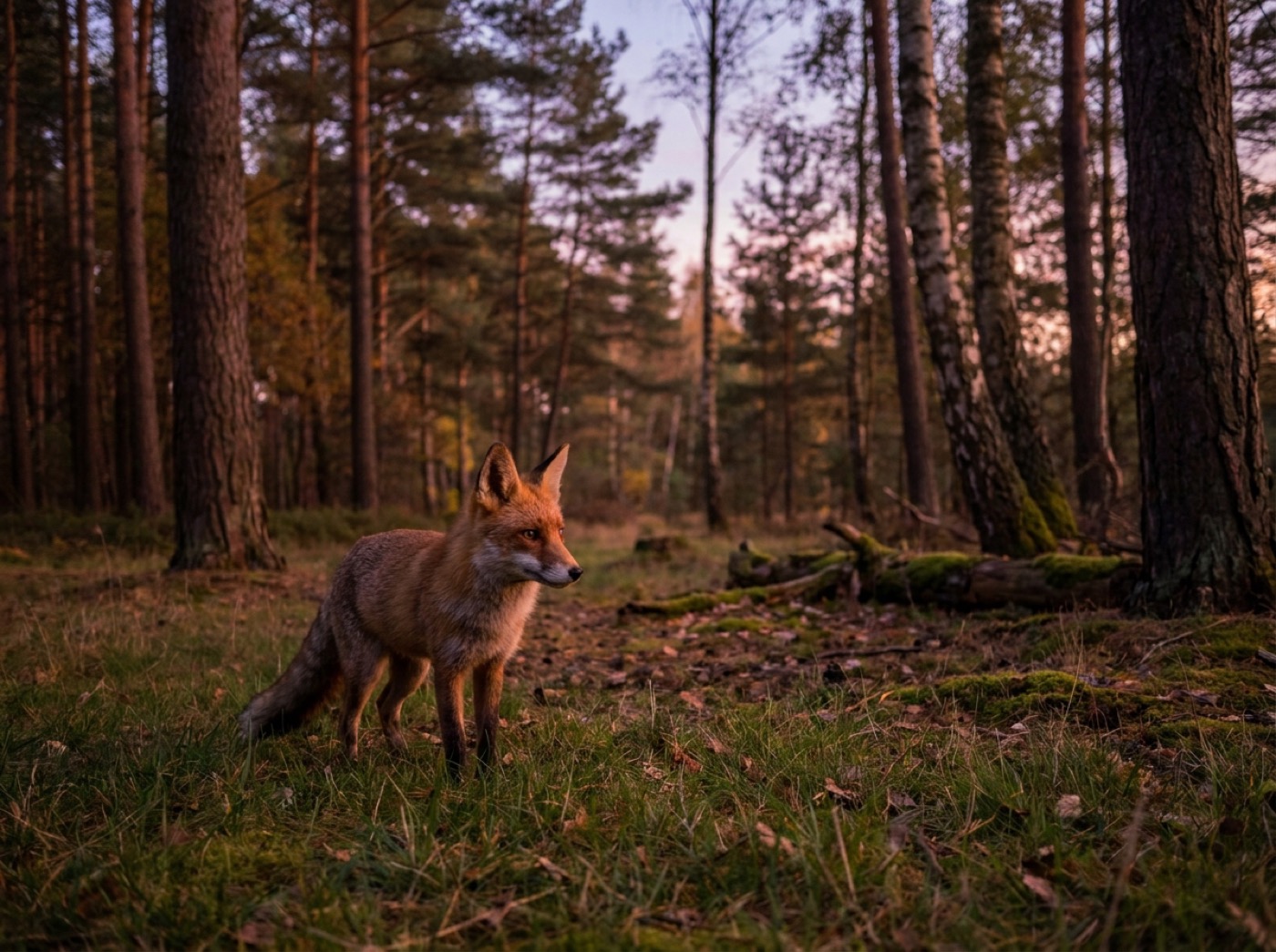 Fuchs auf einer Waldlichtung in der Abenddämmerung