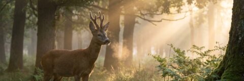 Reh am Waldrand in der Morgendämmerung zwischen Bäumen