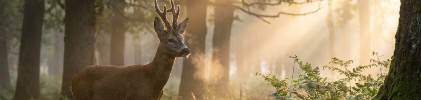 Reh am Waldrand in der Morgendämmerung zwischen Bäumen