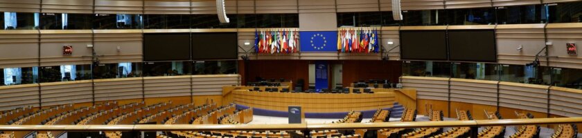 Flaggen vor einem europäischen Parlamentsgebäude