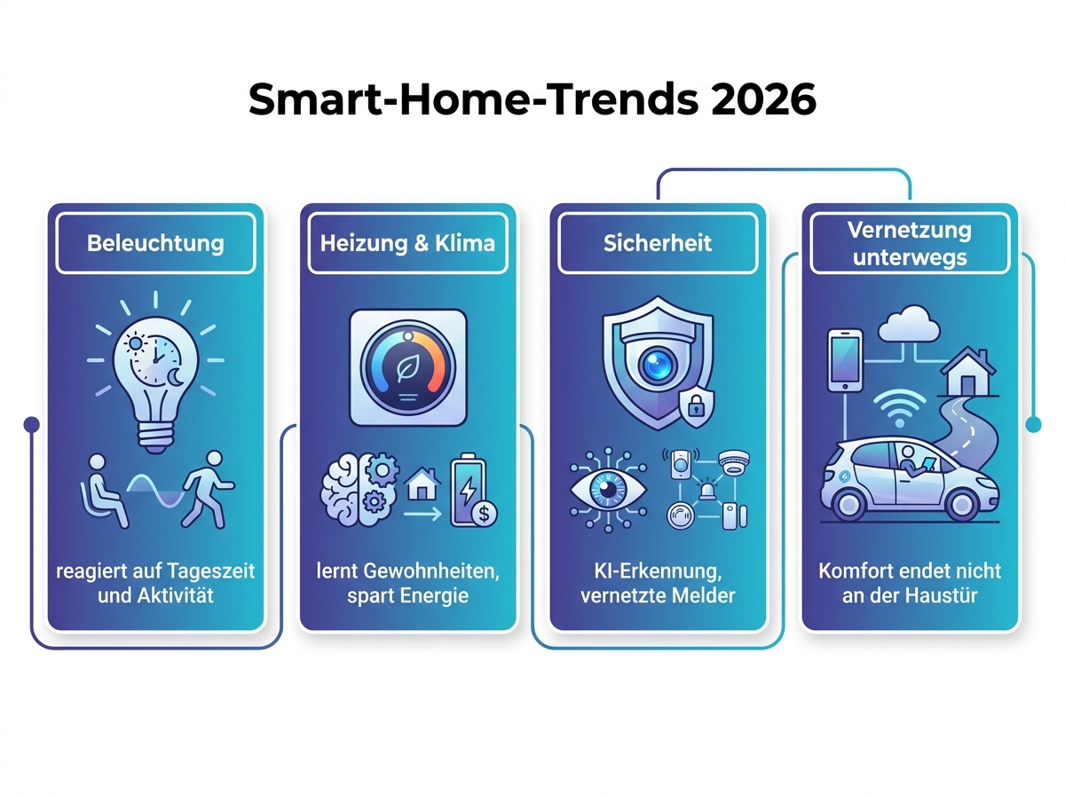 Infografik: vier Smart-Home-Trends 2026 – Beleuchtung, Heizung, Sicherheit, Vernetzung unterwegs