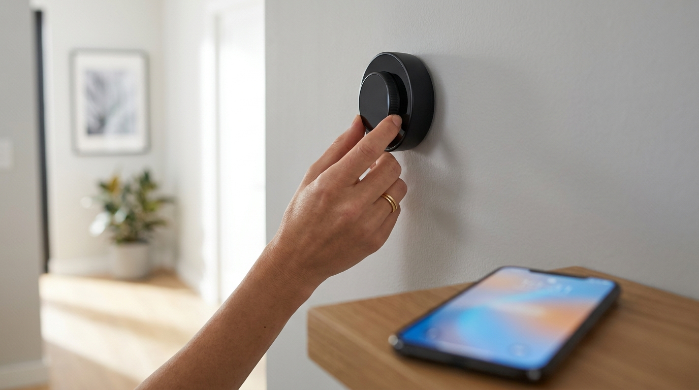 Hand justiert ein smartes Thermostat, daneben leuchtet die zugehörige App auf dem Smartphone