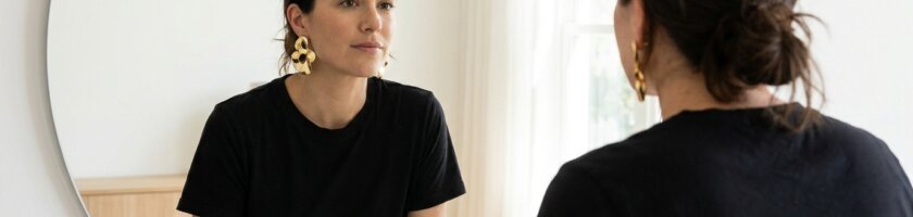 Persönlichkeit durch Mode ausdrücken: Frau mit auffälligen Ohrringen und schlichtem Outfit vor einem Spiegel