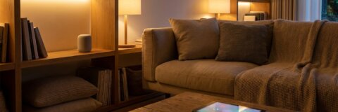 Modernes Wohnzimmer mit smarter Beleuchtung und Sprachassistent in der Abenddämmerung