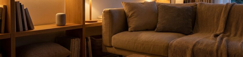 Modernes Wohnzimmer mit smarter Beleuchtung und Sprachassistent in der Abenddämmerung